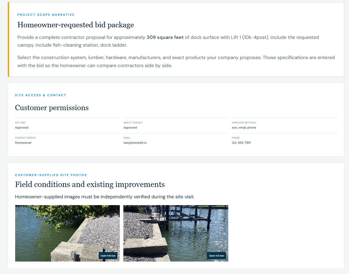 Accepted SiteDraft contractor project showing scope, customer permissions, and site photographs