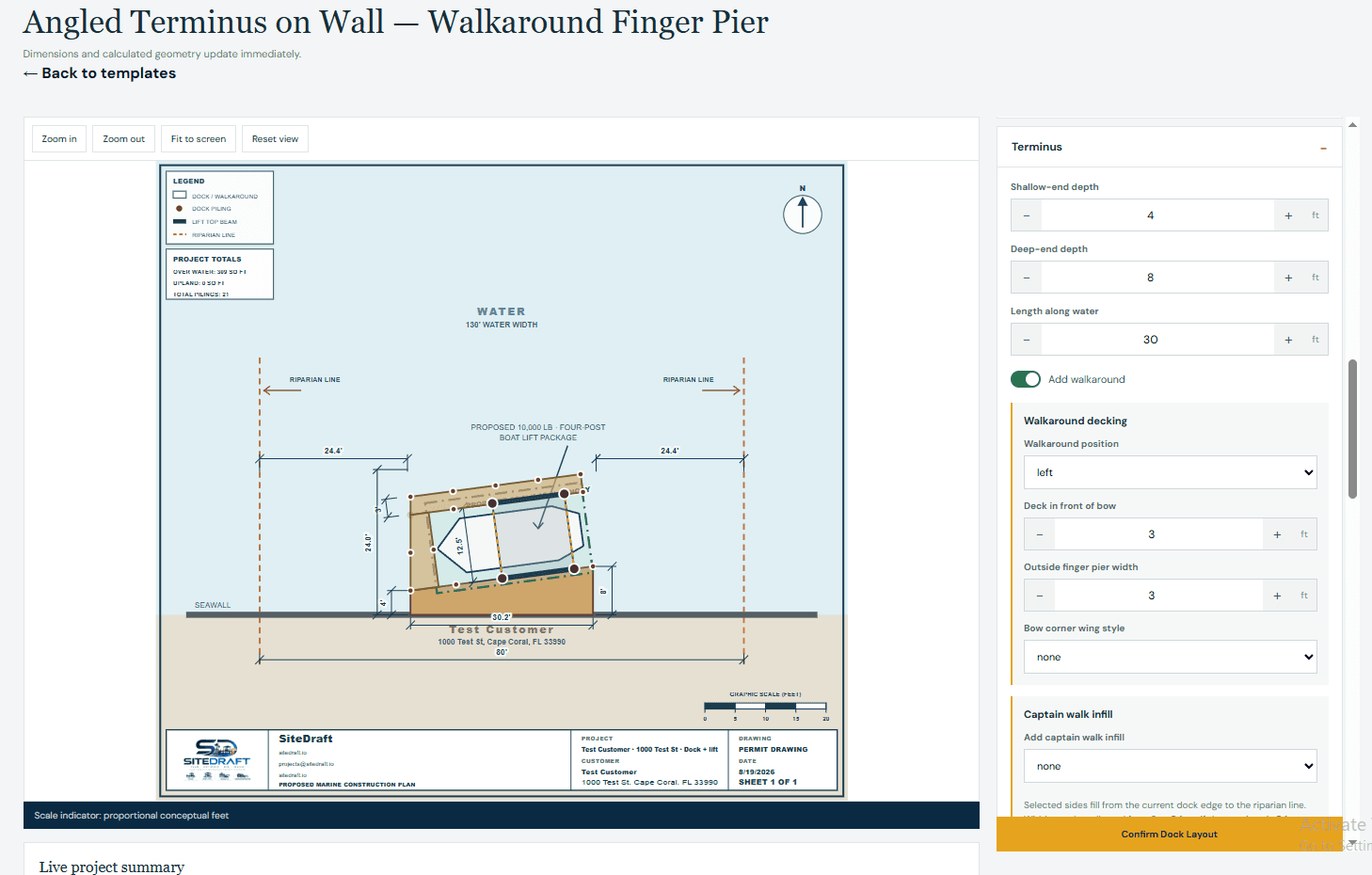 SiteDraft contractor bid drawing for a Cape Coral dock and boat lift