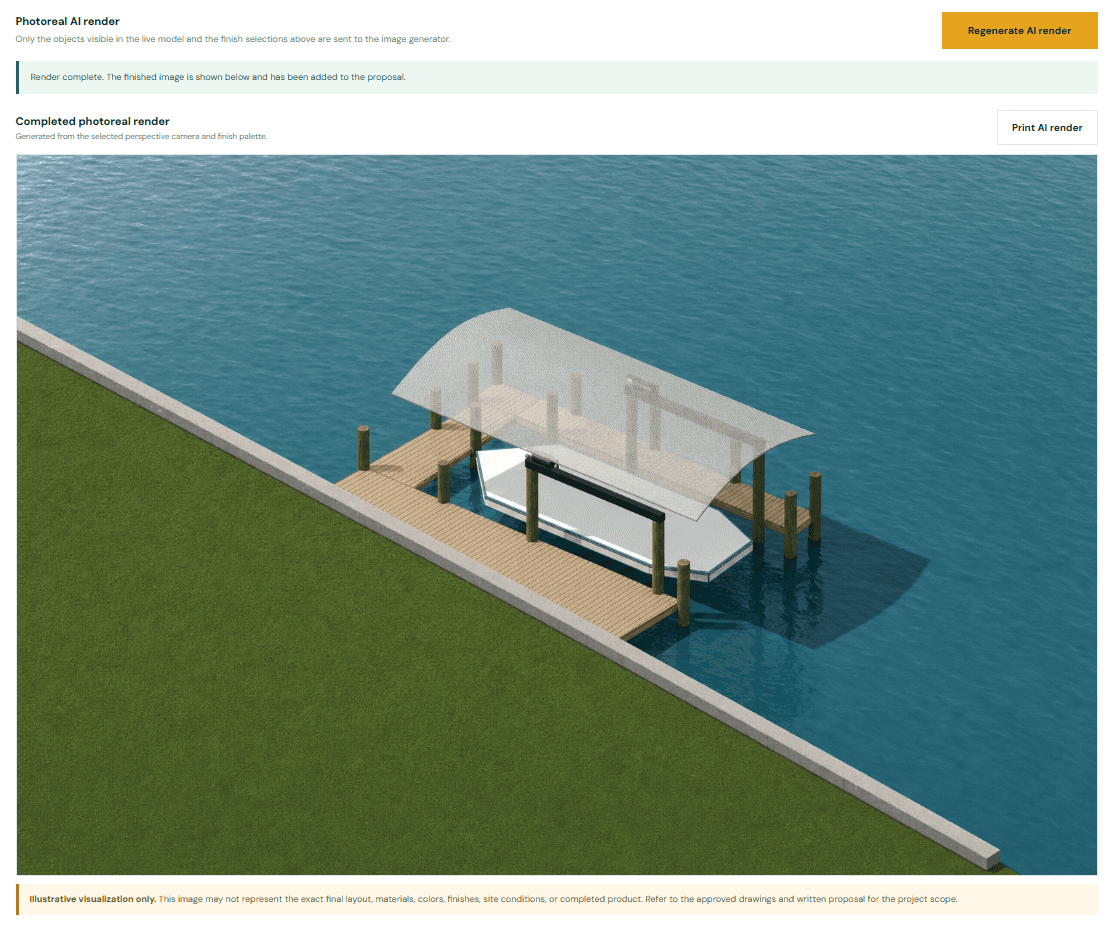 SiteDraft photoreal waterfront dock and boat-lift rendering